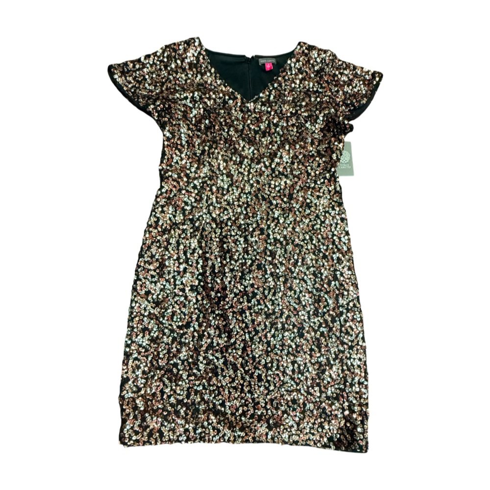 Vince Camuto Mixed‑Metal Sequin Cocktail Dress – Black, Size 8